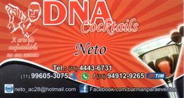 Cartão "DNA Cocktails" de Neto com detalhes de contato e fundo laranja com cocktail.