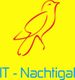 Stilisiertes Vogel-Logo in Rot auf gelbem Hintergrund, darunter Text: "IT - Nachtigal".