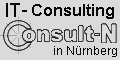 Logo mit der Aufschrift "IT-Consulting Consult-N in Nürnberg" auf grauem Hintergrund.