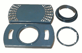 Vier runde und rechteckige Metallteile in Blau auf weißem Hintergrund.