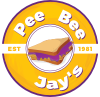 Logo with a peanut butter and jelly sandwich and text: "Pee Bee Jay's, EST 1981".