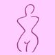 Abstrakte lila Strichzeichnung einer stehenden Figur auf rosa Hintergrund.