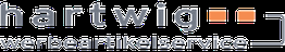 Logo: "hartwig werbeartikelservice" in Grau mit zwei orangefarbenen Quadraten rechts.