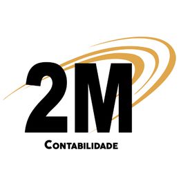 Logo com texto "2M Contabilidade" em preto e formas circulares douradas atrás.