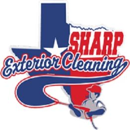 Texas-shaped logo with "Sharp Exterior Cleaning" and a person holding a hose.