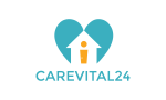 Blaues Herz-Logo mit Haus und Figur innen, darunter "CAREVITAL24" in Großbuchstaben.