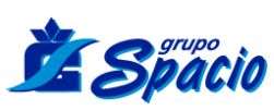 Logotipo azul de "grupo Spacio" con diseño estilizado y símbolo geométrico.