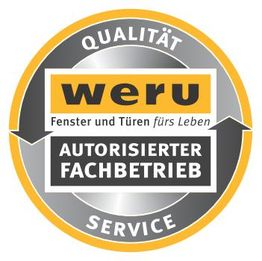 Weru-Logo: Qualität und Service. Autorisierter Fachbetrieb für Fenster und Türen fürs Leben.