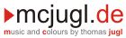 Logo mit Text "mcjugl.de" und Untertitel "music and colours by thomas jugl" in Rot und Schwarz.