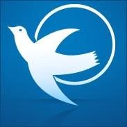 White bird and circle logo on a blue background.
