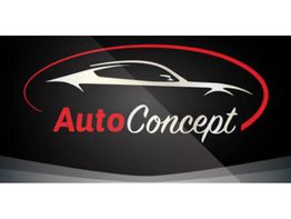 Logotipo estilizado em preto com o texto "AutoConcept" sob um contorno de carro vermelho e branco.