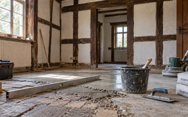 Bodensanierung in einem historischen Fachwerkhaus mit Ausgleichsmasse, Werkzeugen und freigelegtem Altbauboden.