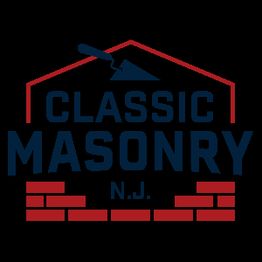 Logo for Classic Masonry N.J., featuring a trowel and brick design in red and blue.