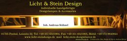 Licht & Stein Design Werbung: Handgefertigte Lampen & Accessoires, Kontaktinfo inklusive.