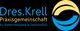Logo der Praxisgemeinschaft Dres. Krell, Kieferorthopädie und Zahnmedizin, mit blau-gelbem Symbol.