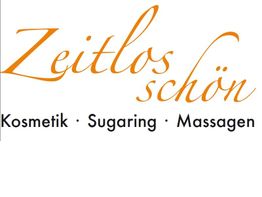 Logo mit Schriftzug "Zeitlos schön", darunter "Kosmetik · Sugaring · Massagen" in orange und schwarz.