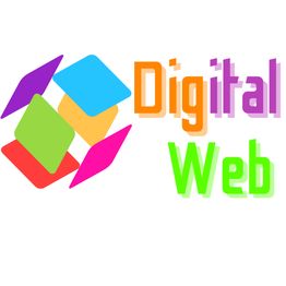 Logo de Digital Web con formas geométricas y letras coloridas.