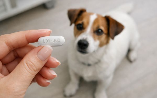 Ein Frau hält eine LOY-002 Tablette in der Hand. Im Hintergrund sitzt ein Hund auf dem Boden und fixiert die Tablette.