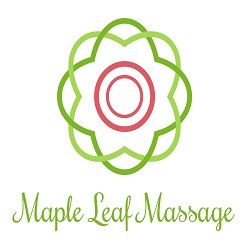 Green floral logo with a red circle, text says "Maple Leaf Massage" in green script.
