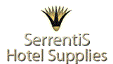 Logo von SerrentiS Hotel Supplies mit schwarzem und goldfarbenem stilisierten Palmenmotiv.