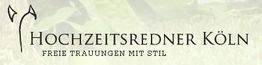Logo mit Text "Hochzeitsredner Köln. Freie Trauungen mit Stil" auf hellem Hintergrund.