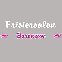 "Logo des Frisiersalons Baronesse mit rosa Kronen auf grauem Hintergrund."