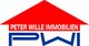 Logo von Peter Wille Immobilien mit einem roten Dach und blauen Buchstaben PWI.