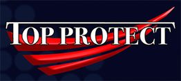 Text "Top Protect" auf dunkelblauem Hintergrund mit rotem geschwungenem Design darunter.