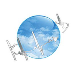 Blauer Kreis mit Wolken und silberner Herzschlaglinie vor weißem Hintergrund.