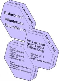 Lila geometrische Figuren mit Firmendetails von Lang GbR für Erdarbeiten, Pflasterbau, Baumfällung.