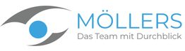Logo mit grauem Auge und blauem Punkt, Text: "MÖLLERS - Das Team mit Durchblick".