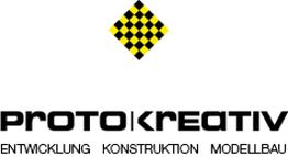 Gelb-schwarzes Karo-Logo über dem Text "PROTO KREATIV, Entwicklung, Konstruktion, Modellbau".
