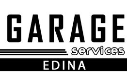 "Garage Services Edina logo with bold black and white text and decorative lines."