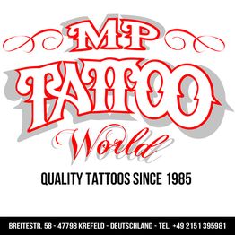 MP Tattoo World Logo mit Adresse und Telefonnummer in Krefeld, seit 1985.