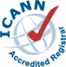 Logo mit Text "ICANN Accredited Registrar" und einem roten Häkchen vor einer Weltkugel.