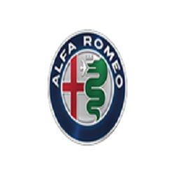 Alfa Romeo logo with a red cross and green serpent on a circular badge.
