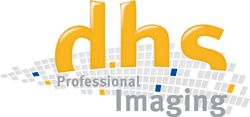 Gelbes "dhs"-Logo mit grauem Schriftzug "Professional Imaging" und pixelartigem Hintergrund.