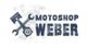 Logo von Motoshop Weber mit Werkzeugen, Kolben und Zahnrad in Grau.