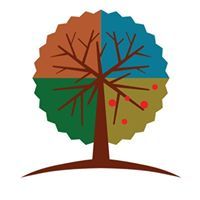 Stijlvolle boom met vier kleurrijke seizoensdelen en rode stippen op een groene achtergrond.