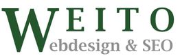 Logo mit Text "WEITO Webdesign & SEO" in grüner und grauer Schrift.