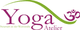 Logo des Yoga Ateliers mit grünem Bogen und violettem "Om"-Symbol.