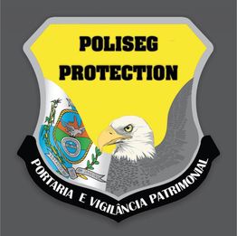 Emblema com águia, logotipo "POLISEG PROTECTION", escudo do RJ, segurança.