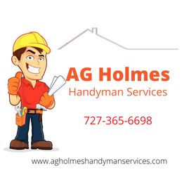 Cartoon handyman with tools beside text: "AG Holmes Handyman Services, 727-365-6698".