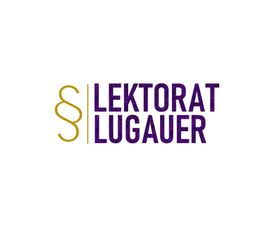 Logo mit gelbem Symbol und Schriftzug "LEKTORAT LUGAUER" in lila.