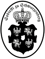 Wappen mit Krone, Adlern und Inschrift "Schwarzenberg" im ovalen Rahmen.