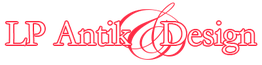 Logo: "LP Antik Design" med rød skrift og dekorative linjer.