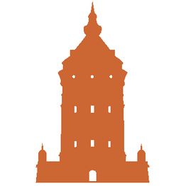 Schattenriss eines historischen Turms mit Zinnen in Orange auf weißem Hintergrund.