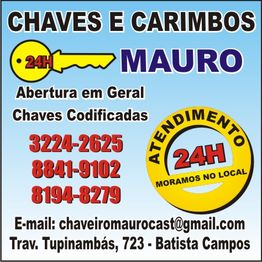 Cartaz de serviços de chaves e carimbos Mauro, com contato e endereço em Batista Campos.