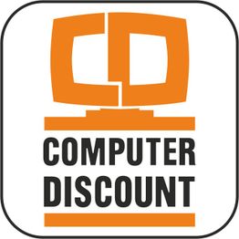 Logo di Computer Discount con PC stilizzato arancione e testo nero su sfondo bianco.