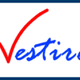 Logo van Vestire met rode vink en blauwe tekst op witte achtergrond.